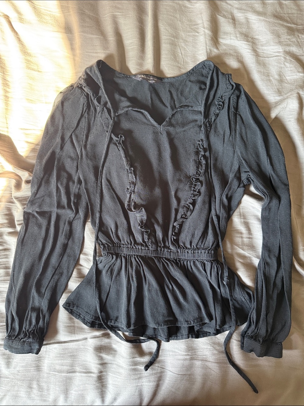 Marks & Spencer Black Ruffle-Peplum Long Sleeve Blouse with Tie